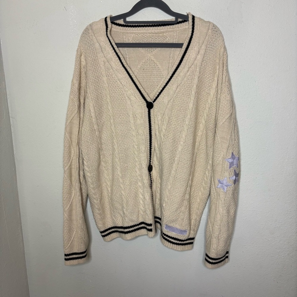 Folklore Inspired Cream Cable Knit V-Neck Cardigan with Black Trim
